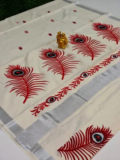 Designer Floral Border Saree – Off White & Red